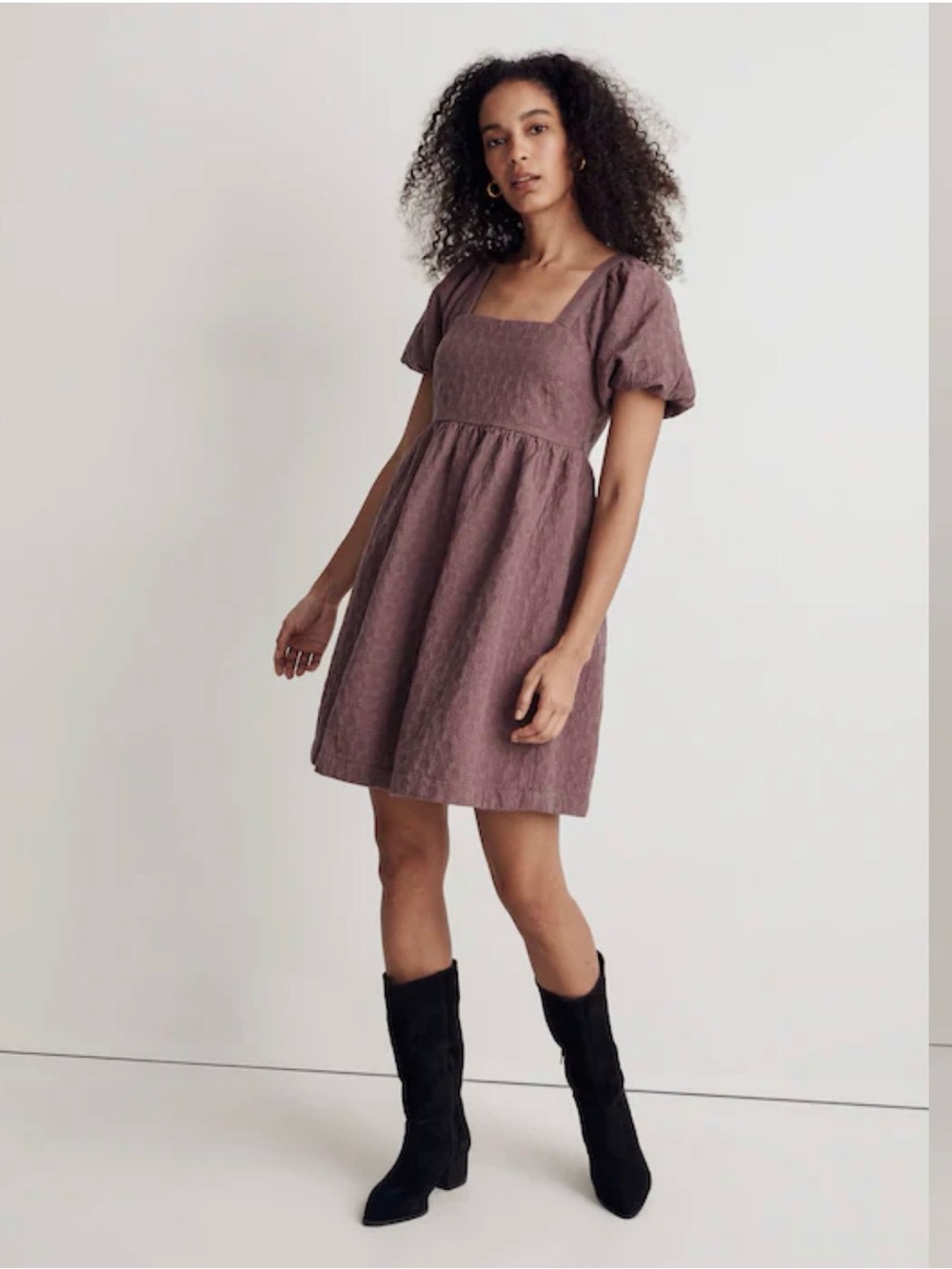 Madewell Mauve Floral Quilted Puff-Sleeve Square-Neck Mini Dress